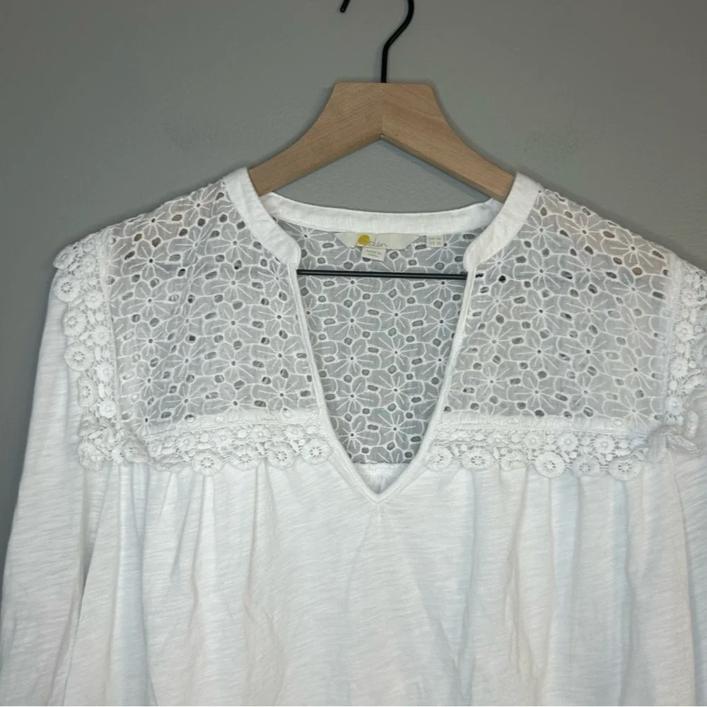 Boden White Eyelet Lace Notch Neck Crochet Trim Top, Size 12 - Picture 5 of 12